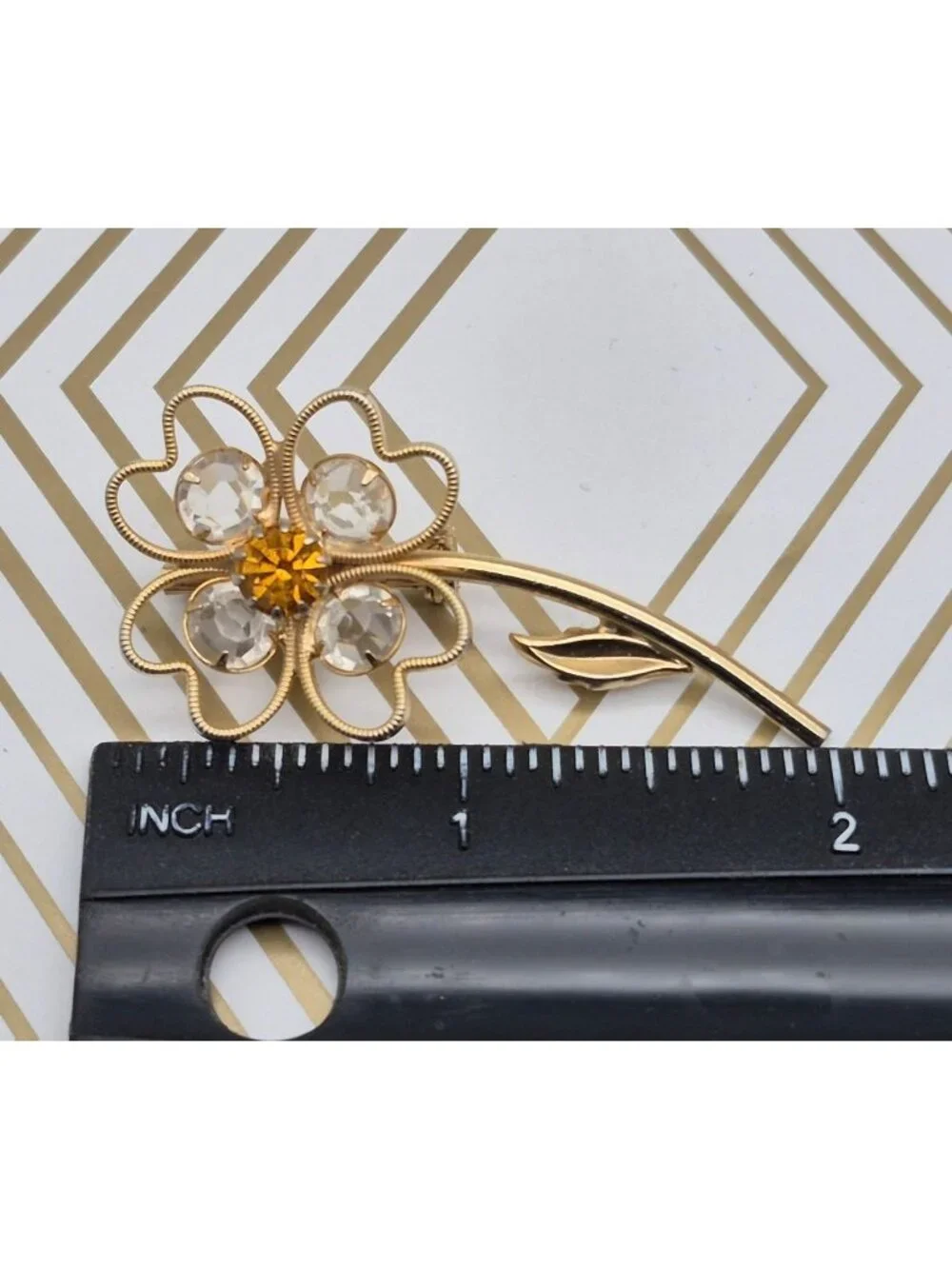Vintage Rhinestone Flower Brooch Gold Tone Clear Amber Crystal Pin 2